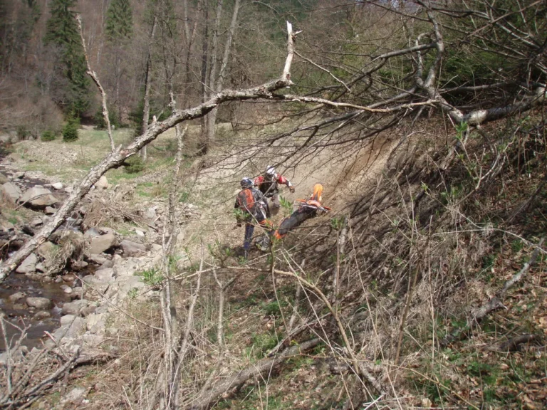 Enduro-Fahrer im verwachsenen Bachbett Enduro-Fahrer im verwachsenen Bachbett